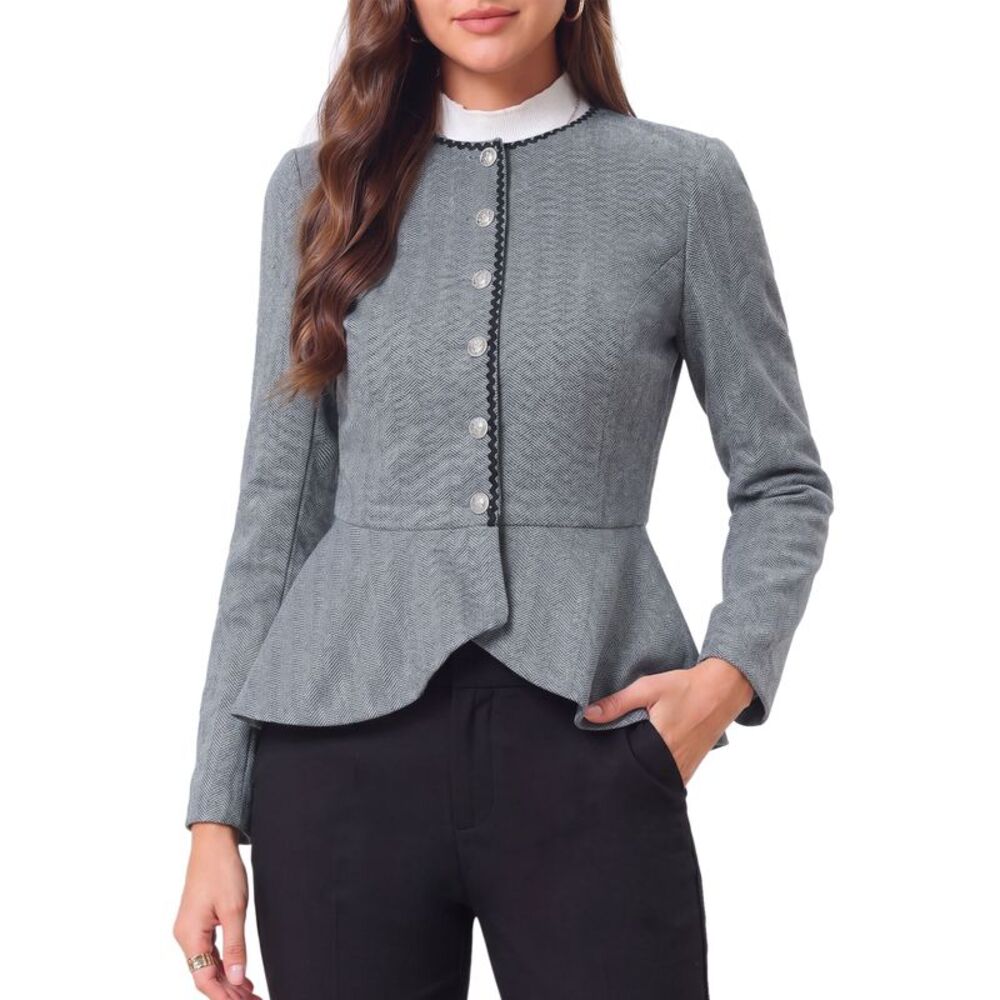 Womens Herringbone Ruffled Hem Business Casual Work Jackets Black Grey